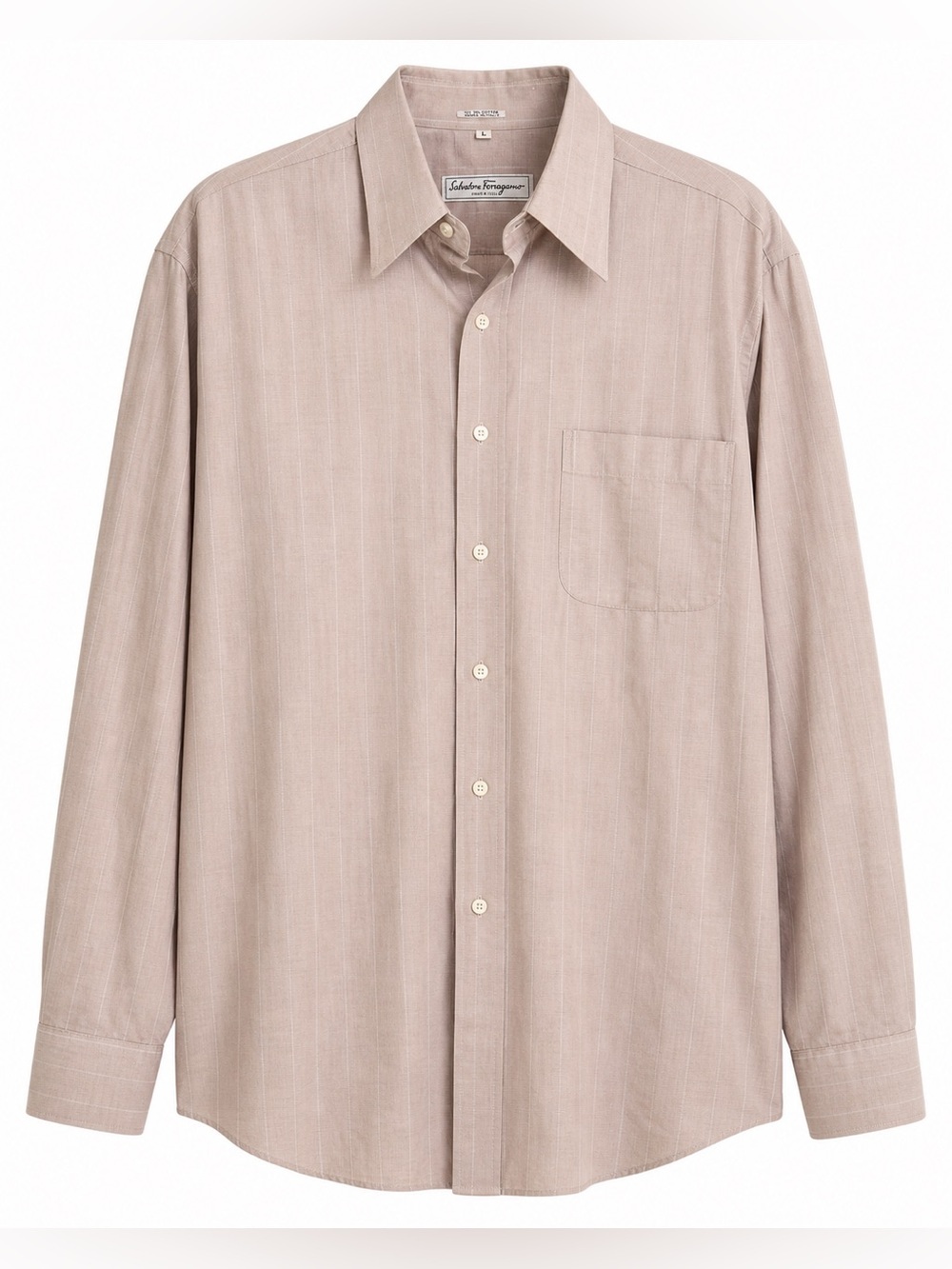 Salvatore Ferragamo Dress Shirt Large Beige Stripe 100% Cotton Button Front